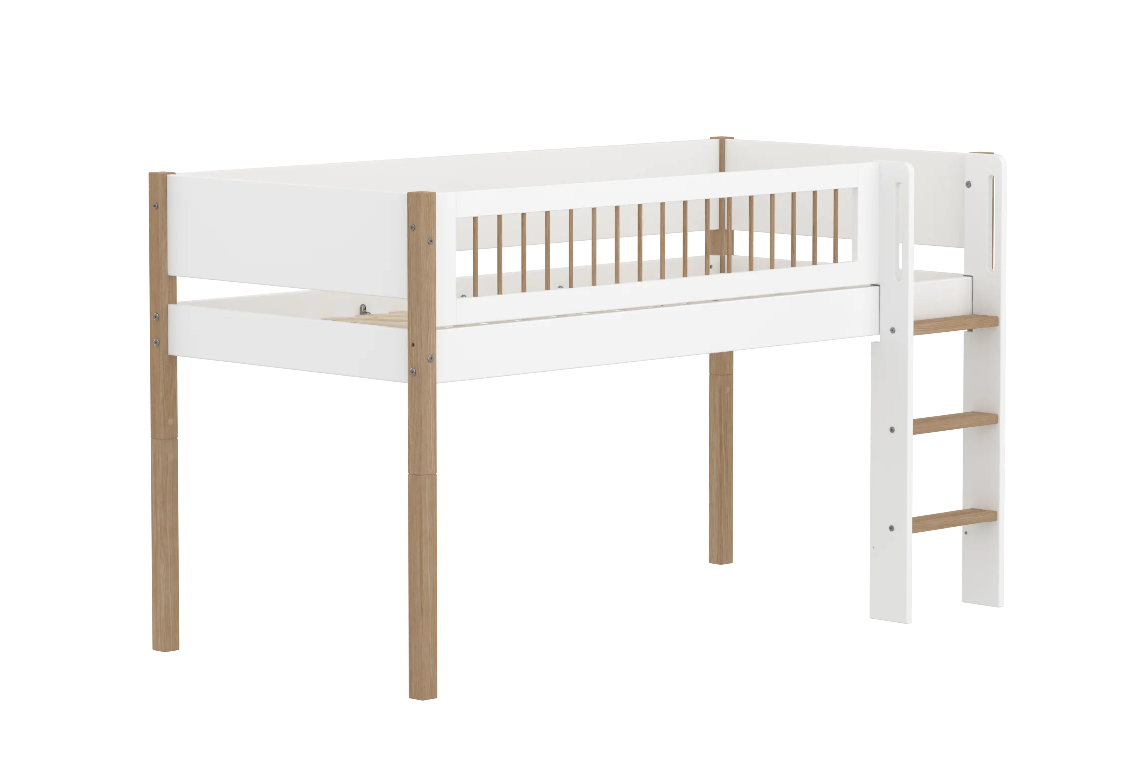 FLEXA NOR Halvhøj seng 120 cm med stige og crossbar sengehest  90x200 cm - Hvid/eg