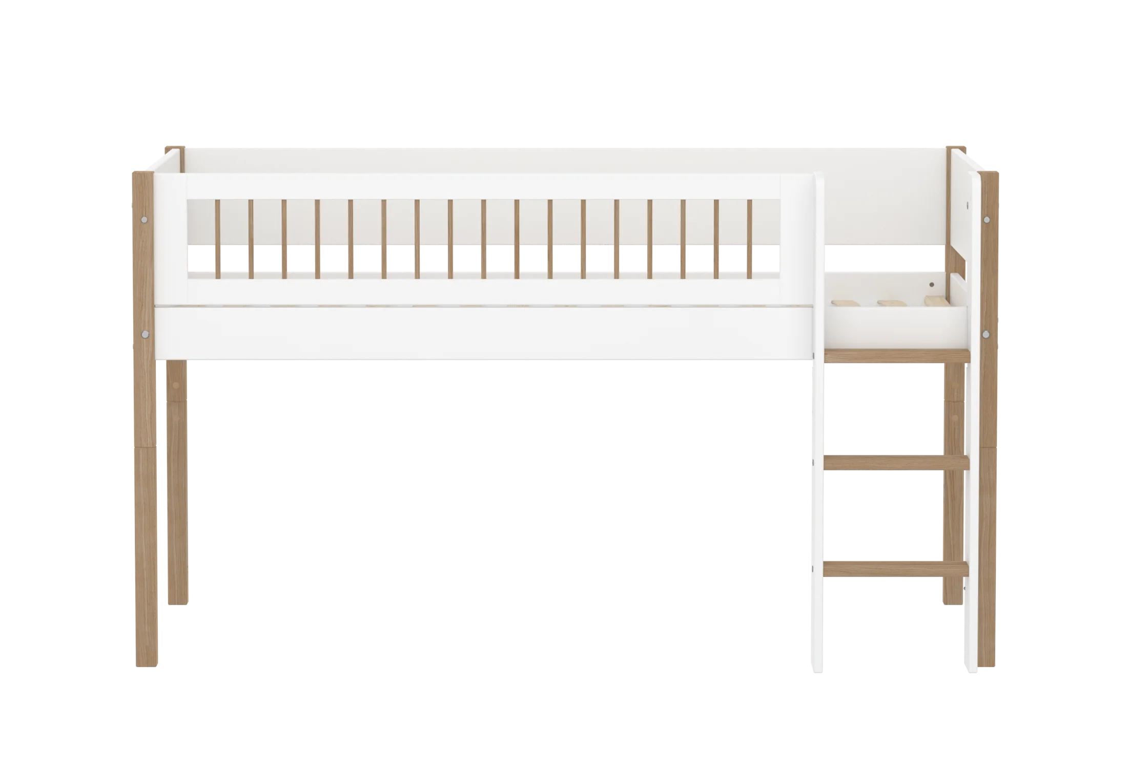 FLEXA NOR Halvhøj seng 120 cm med stige og crossbar sengehest  90x200 cm - Hvid/eg - Image 2