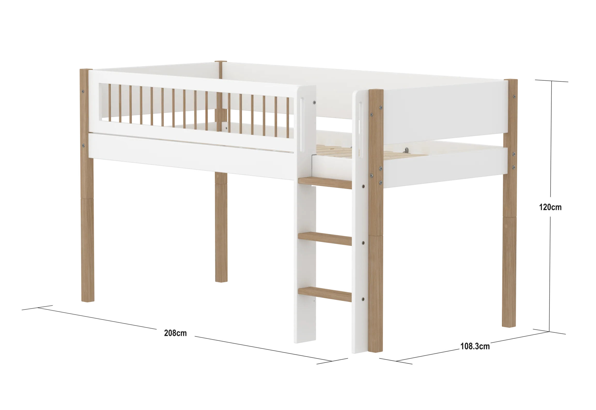 FLEXA NOR Halvhøj seng 120 cm med stige og crossbar sengehest  90x200 cm - Hvid/eg - Image 3