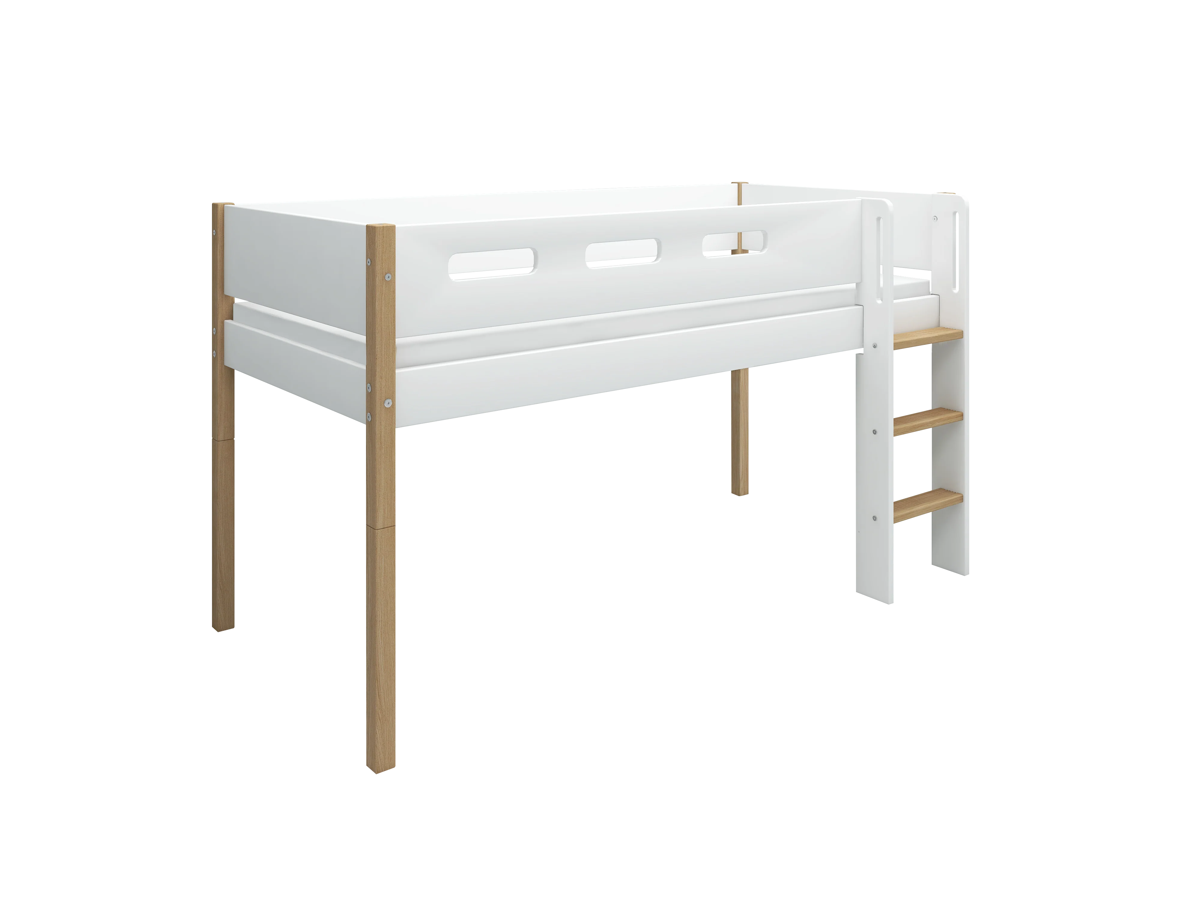 FLEXA NOR Halvhøj seng 120 cm med stige og cut out sengehest 90x200 cm - Hvid/eg