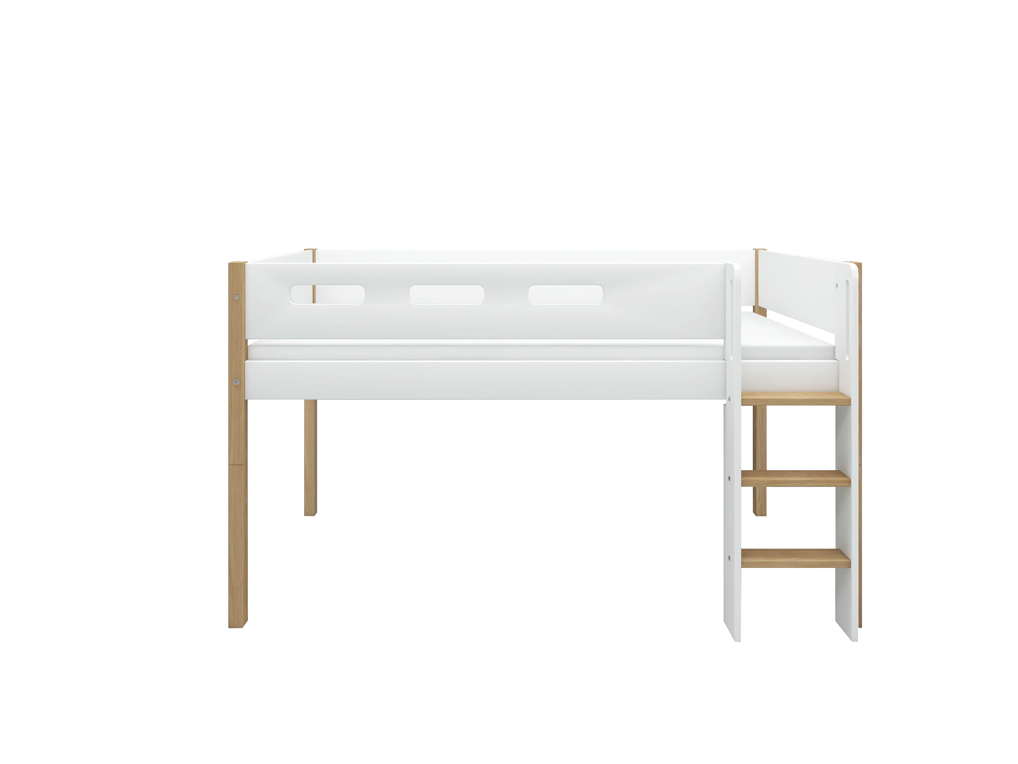 FLEXA NOR Halvhøj seng 120 cm med stige og cut out sengehest 90x200 cm - Hvid/eg - Image 2