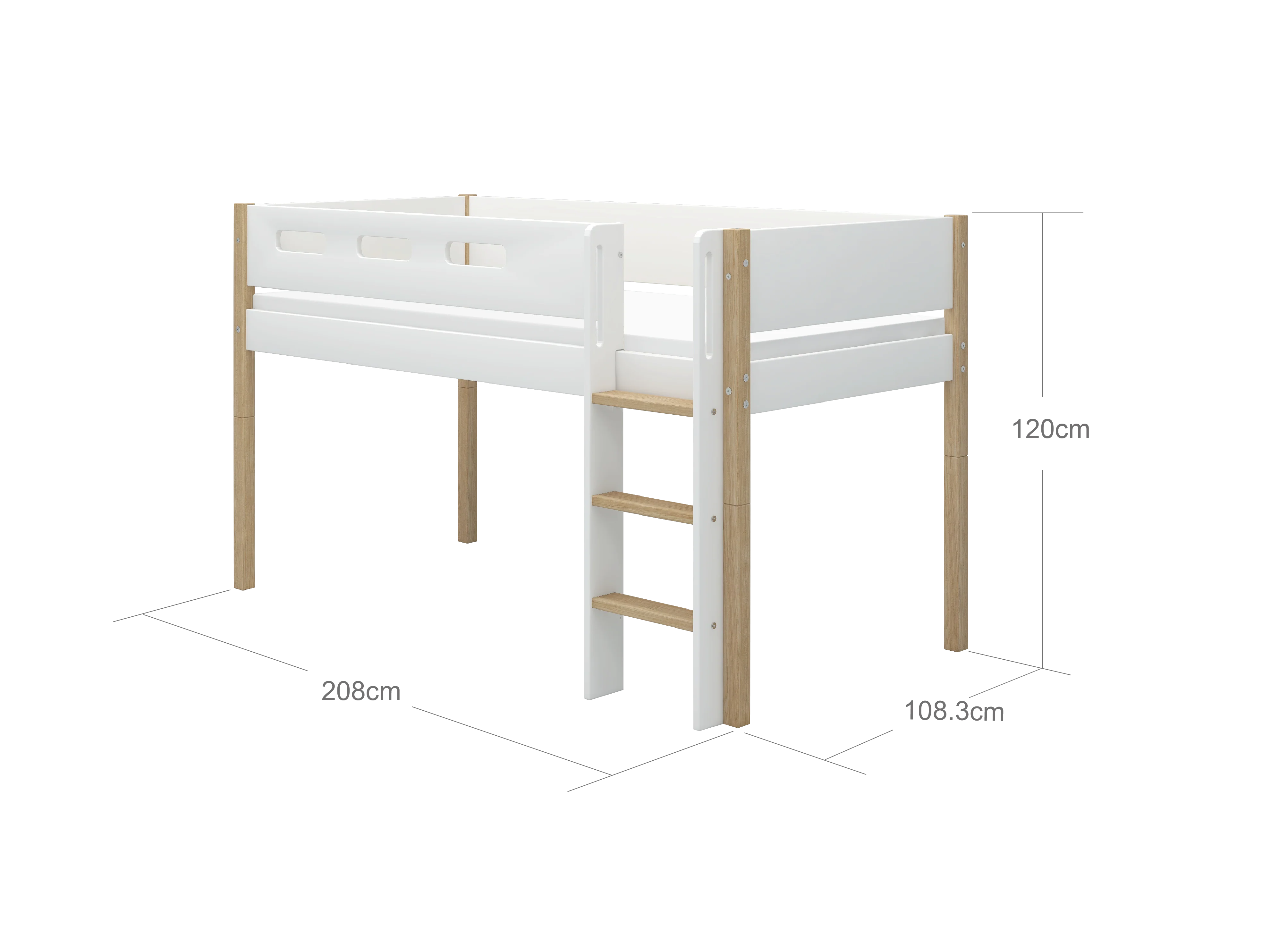 FLEXA NOR Halvhøj seng 120 cm med stige og cut out sengehest 90x200 cm - Hvid/eg - Image 3