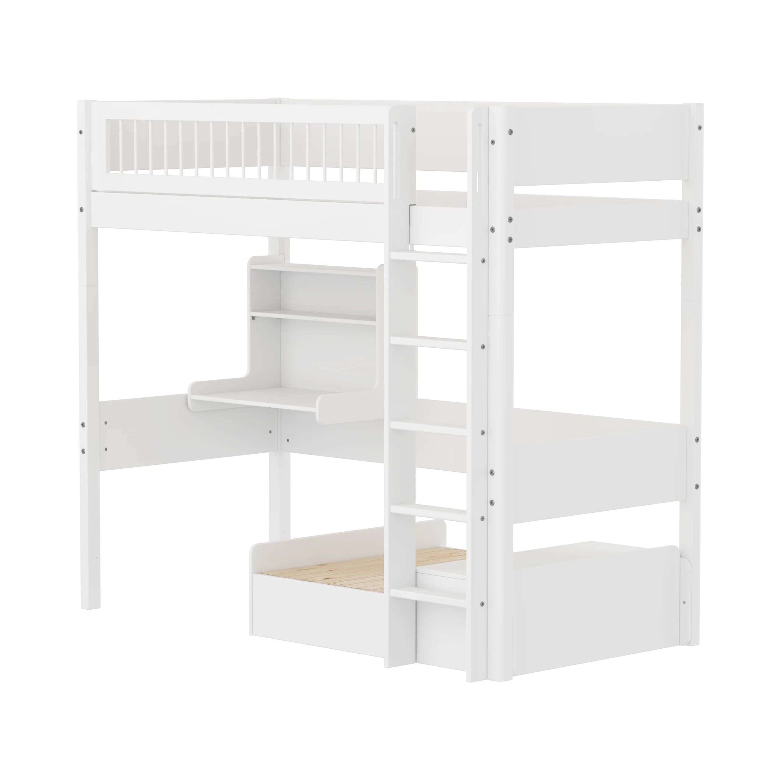 FLEXA WHITE Casa Højseng med crossbar sengehest, stige, click on skrivebord og gæsteseng 90x200 cm - Hvid/eg
