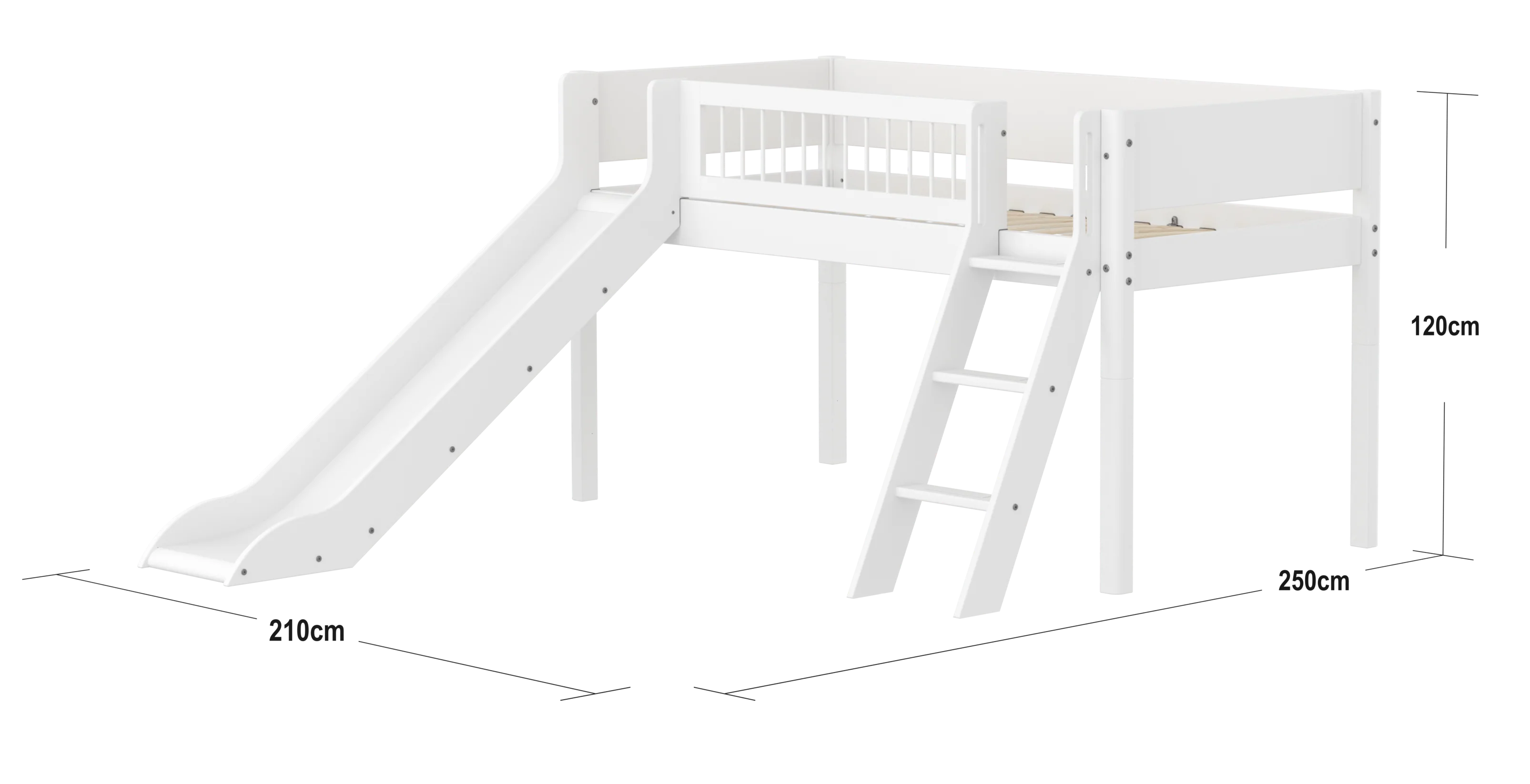 FLEXA WHITE Halvhøj seng 120 cm med rutchebane, skrå stige og crossbar sengehest 90x200 cm - Hvid - Image 2