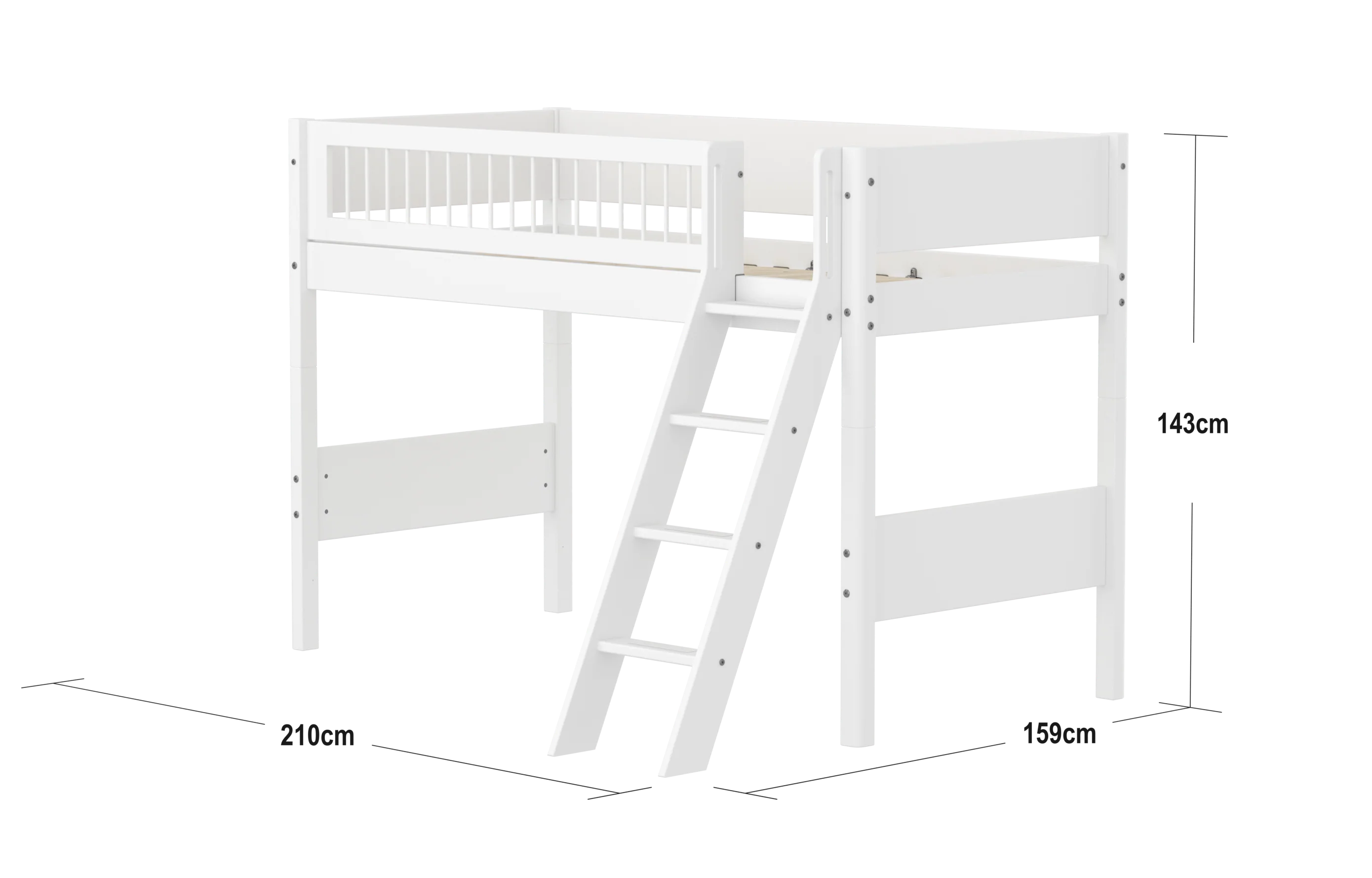 FLEXA WHITE Mellemhøj seng 143 cm med skrå stige og crossbar sengehest 90x200 cm- Hvid - Image 2