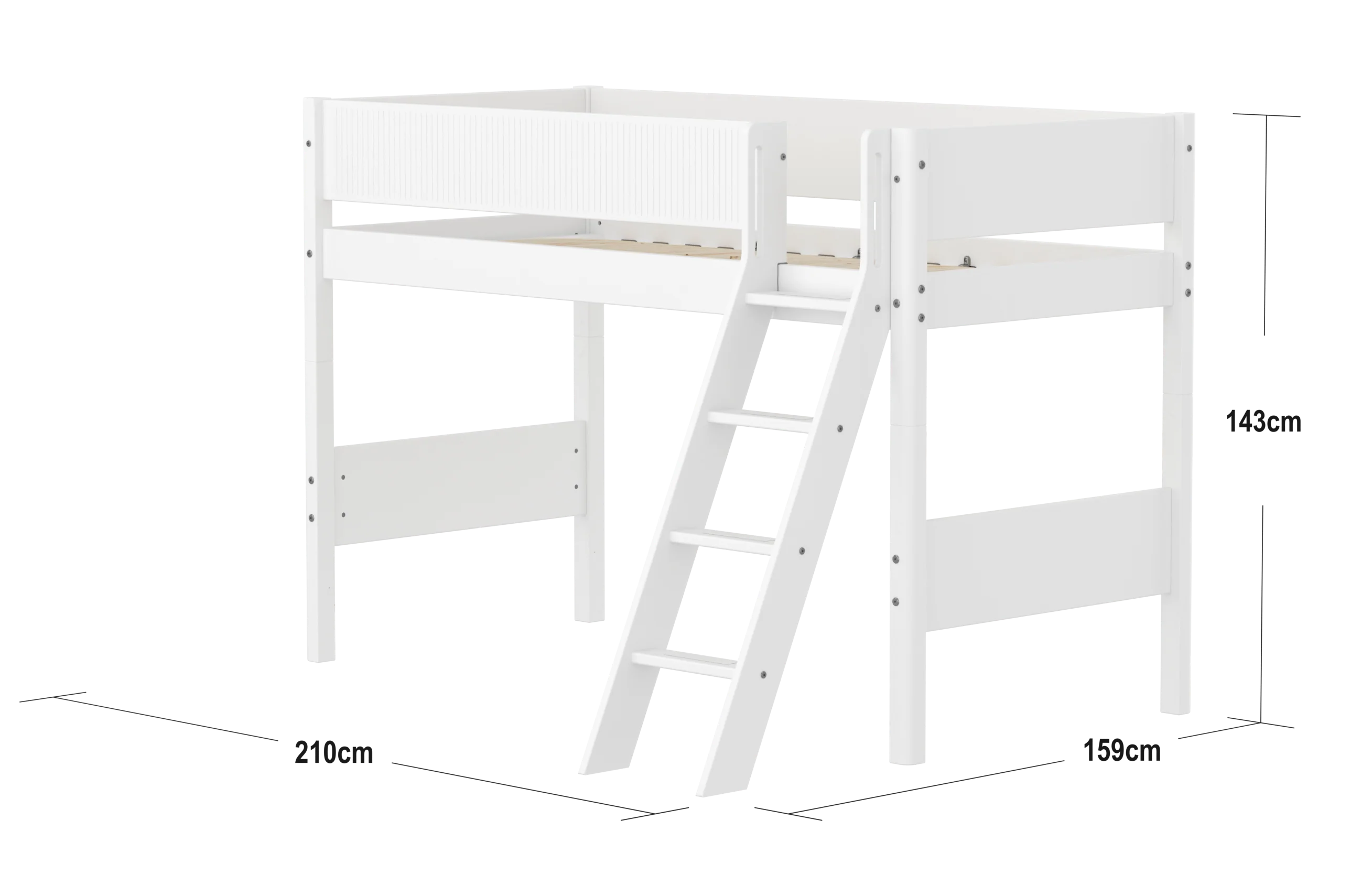 FLEXA WHITE Mellemhøj seng 143 cm med skrå stige og grooves sengehest 90x200 cm- Hvid - Image 3