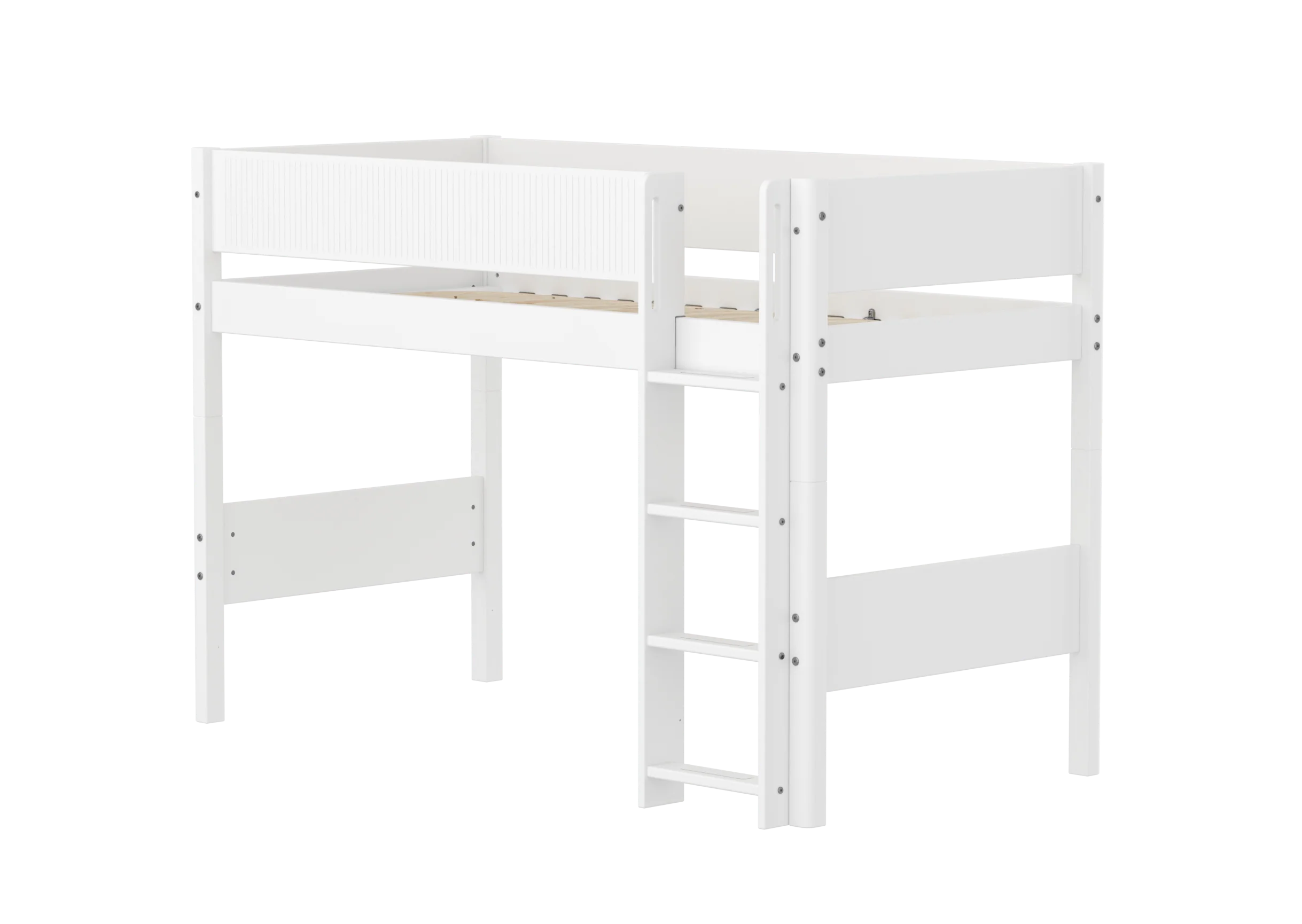 FLEXA WHITE Mellemhøj seng 143 cm med stige og grooves sengehest 90x200 cm- Hvid